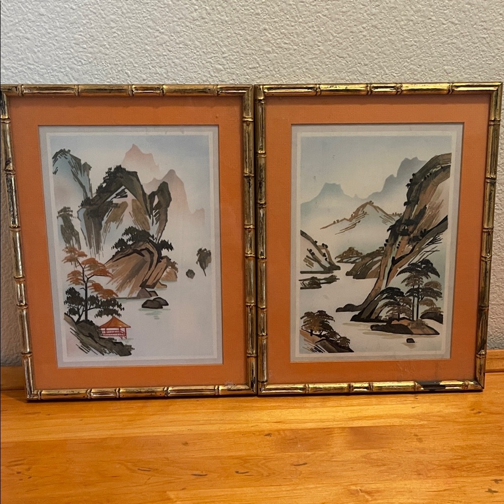 Vintage Orange and Gold Framed Asian Landscape Pair